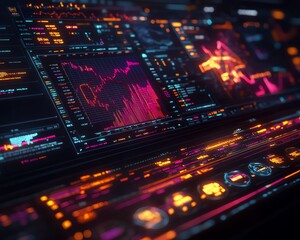 Obraz premium Holographic 3D financial dashboard with floating charts and graphs, illuminated data streams in dark space, advanced visualization of global markets
