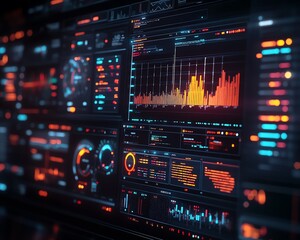 Holographic 3D financial dashboard with floating charts and graphs, illuminated data streams in dark space, advanced visualization of global markets