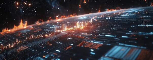 Holographic 3D financial visualization with charts and graphs, dark space backdrop, radiant data streams and market indicators for global economics