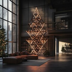 Modern loft with unique Christmas tree made of lights and geometric shapes, 3D illustration