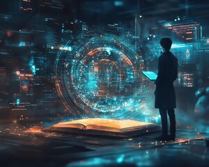 Holographic book projections in a futuristic digital learning environment, with an AI tutor avatar and abstract data visualizations, sleek and modern design