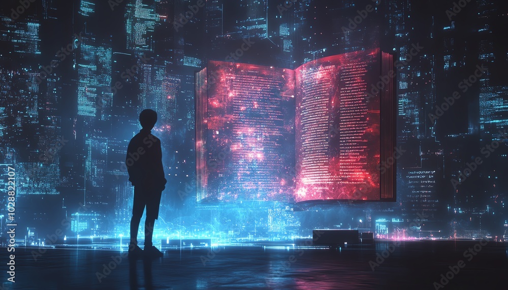 Poster Holographic book projections in a modern digital learning interface, with an AI tutor avatar and minimalist abstract data visualizations for enhanced education