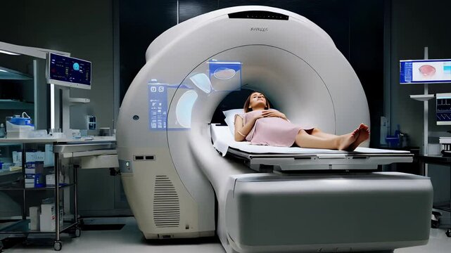 A patient lies inside a modern MRI machine undergoing a medical scan. A scene of medical technology and diagnosis.