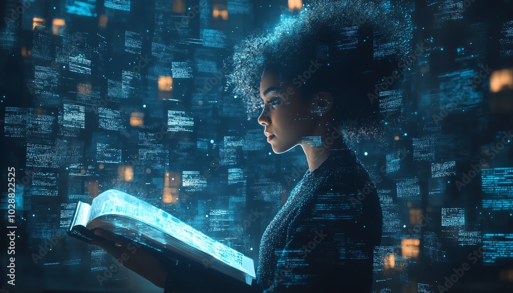 Poster sleek digital learning environment featuring holographic books, an ai tutor avatar, and dynamic abst