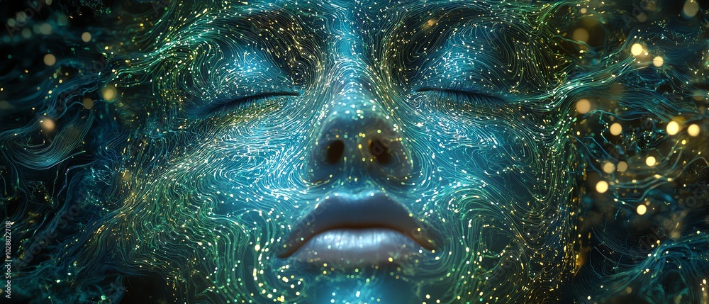 Poster ai face illuminated by swirling blue light tendrils, surrounded by intricate green circuits, with de