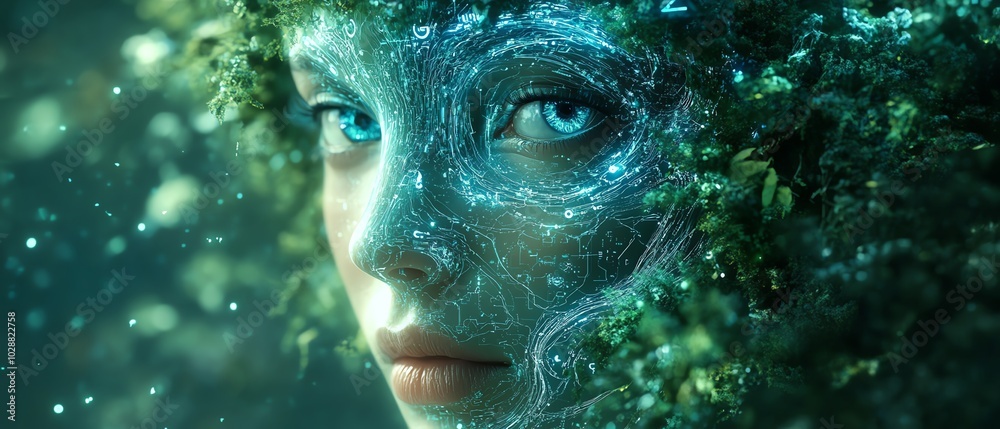 Poster AI face illuminated by swirling blue light tendrils, surrounded by intricate green circuits, with depth of field blur enhancing the surreal digital portrait