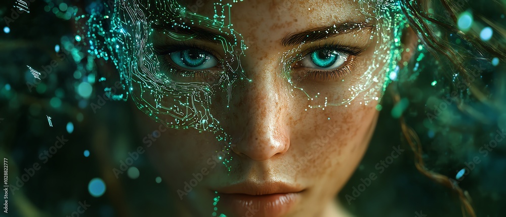 Aufkleber ai face illuminated by swirling blue light tendrils, surrounded by intricate green circuits, with de