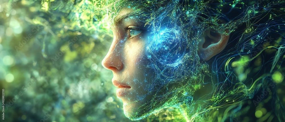 Poster ai face illuminated by swirling blue light tendrils, surrounded by intricate green circuits, with de
