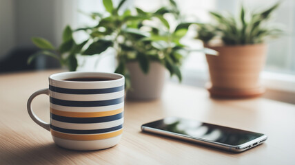 コーヒーとスマートフォンのある静かな朝
