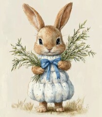 Obraz premium Cute rabbit holding a twig with leaves while wearing a blue ribbon against a light background