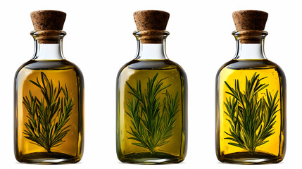Three glass bottles of infused olive oil with rosemary sprigs.