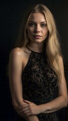 Naklejka premium Elegant woman with long straight blonde hair in lace dress posing against dark background