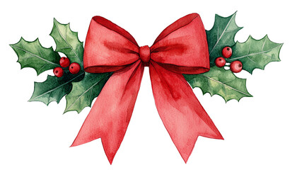 Watercolor Christmas bow with holly leaves and berries, white isolated background.