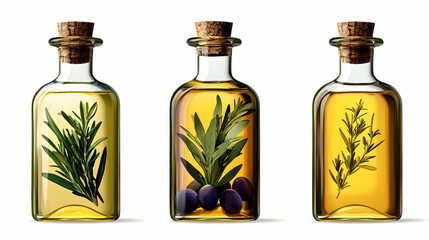 Three glass bottles filled with infused oils and herbs.
