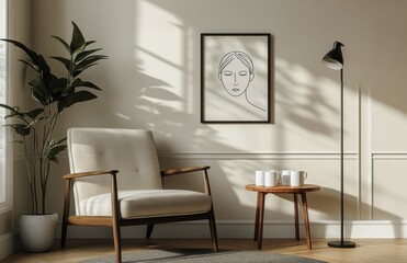 A cozy interior featuring a minimalist armchair, a stylish lamp, and a serene wall art piece