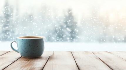Fototapeta premium A cozy blue mug filled with a warm beverage sits on a rustic wooden table, with a snowy winter landscape visible through a blurred window in the background.