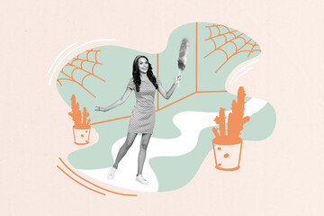 Creative collage houseworker woman service duty cleanup room apartment spider web dust houseplant interior drawing background
