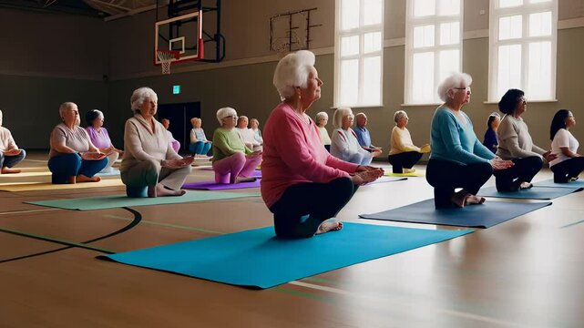 An energetic senior woman smiles as she participates in a Zumba class with a diverse group. Promoting active aging and community.
