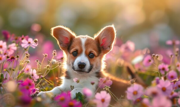 Adorable puppy playing in a field of wildflowers, 4K hyperrealistic photo.