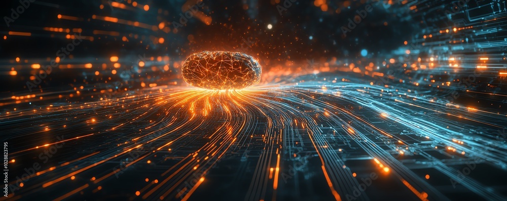 Poster Digital cosmos featuring an ethereal AI entity, illuminated circuits, and neural network tendrils, with flowing abstract data streams in a holographic interface