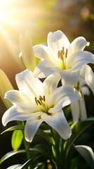 Obraz premium Lilies in the morning light: elegance and grace A peaceful depiction of colorful lilies blooming in the soft morning light, creating a serene atmosphere.