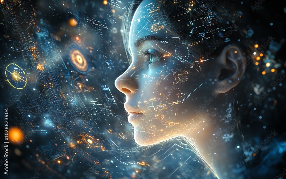 Poster Digital cosmos showcasing an ethereal AI entity, illuminated by glowing circuits and neural network tendrils, with abstract data streams in a futuristic interface