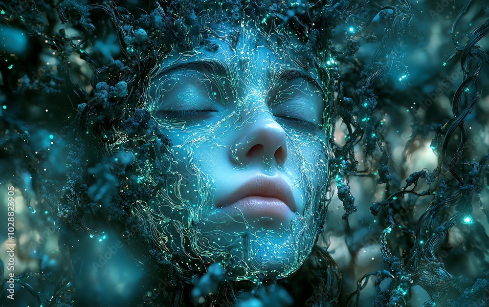 Leinwandbilder digital portrait of an ethereal ai face, emerging from vibrant blue light tendrils and detailed gree