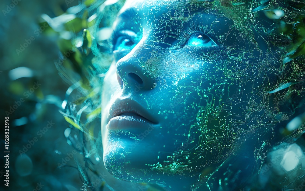 Leinwandbilder digital portrait of an ethereal ai face, emerging from vibrant blue light tendrils and detailed gree