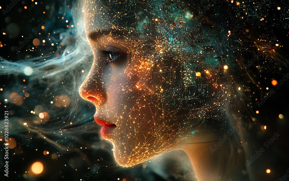 Aufkleber digital cosmos showcasing an ethereal ai entity, illuminated by glowing circuits and neural network 