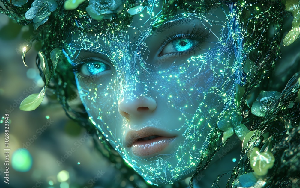 Leinwandbilder digital portrait of an ethereal ai face, emerging from vibrant blue light tendrils and detailed gree