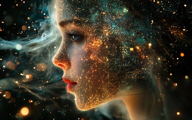 Digital cosmos showcasing an ethereal AI entity, illuminated by glowing circuits and neural network tendrils, with abstract data streams in a futuristic interface