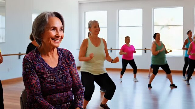 An energetic senior woman smiles as she participates in a Zumba class with a diverse group. Promoting active aging and community.