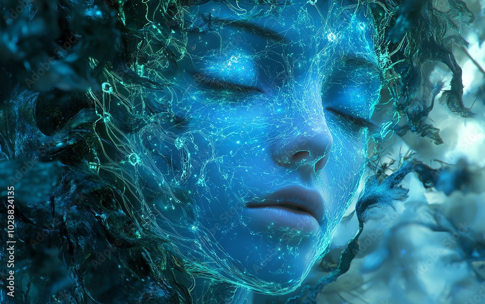Leinwandbilder digital portrait of an ethereal ai face, emerging from vibrant blue light tendrils and detailed gree