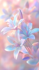 Naklejka premium Lilies in the morning light: elegance and grace A peaceful depiction of colorful lilies blooming in the soft morning light, creating a serene atmosphere.