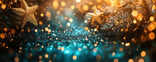 Elegant holiday background showcasing shimmering gold and teal bokeh, twinkling lights, and soft focus star shapes, perfect for a festive text overlay
