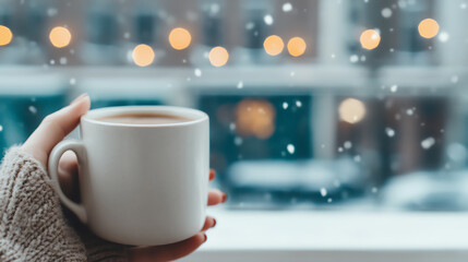 A cozy scene featuring a hand holding a white mug filled with hot beverage amidst a snowy window backdrop with blurred bokeh lights.