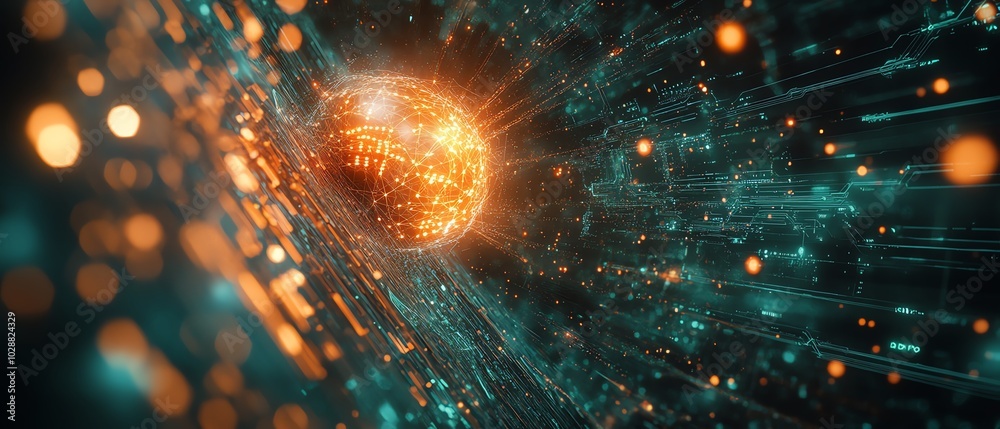Aufkleber Ethereal AI entity emerging from a digital cosmos, surrounded by glowing circuits and neural network tendrils, with abstract data streams in a futuristic holographic interface