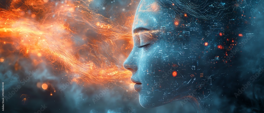 Aufkleber Ethereal AI entity emerging from a digital cosmos, surrounded by glowing circuits and neural network tendrils, with abstract data streams in a futuristic holographic interface