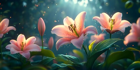 Lilies in the morning light: elegance and grace A peaceful depiction of colorful lilies blooming in the soft morning light, creating a serene atmosphere.
