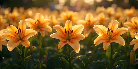 Obraz premium Lilies in the morning light: elegance and grace A peaceful depiction of colorful lilies blooming in the soft morning light, creating a serene atmosphere.