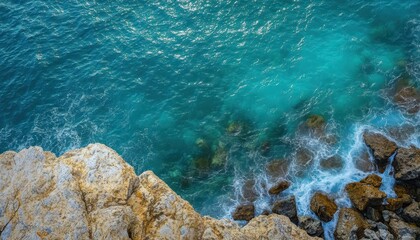 Aerial view of rocky shore and turquoise ocean waves during daylight hours