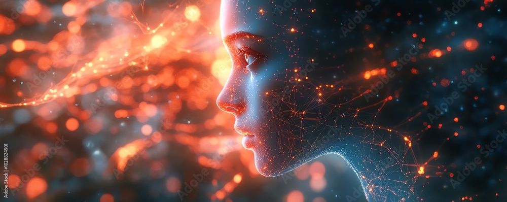 Aufkleber Ethereal AI entity manifesting in a vibrant digital cosmos, glowing circuits, and neural network tendrils interconnecting with abstract data streams and holographic visuals