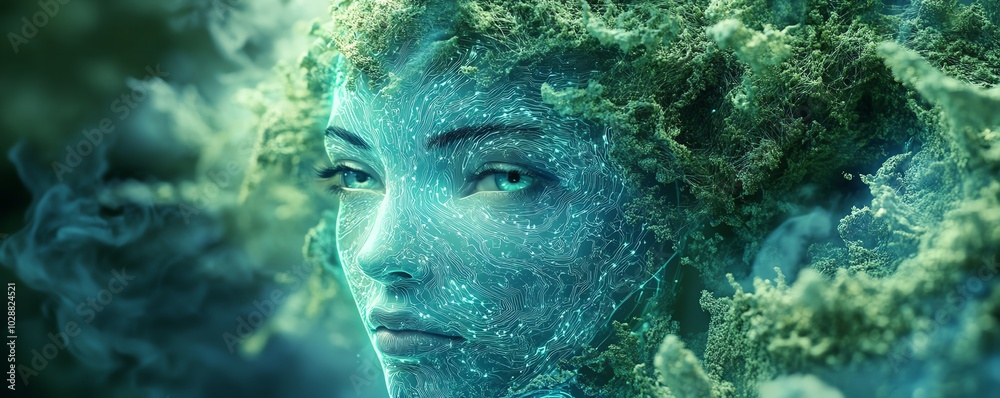 Aufkleber Ethereal AI face emerging from swirling blue light tendrils, surrounded by intricate green circuit patterns, depth of field blur, creating a surreal digital portrait