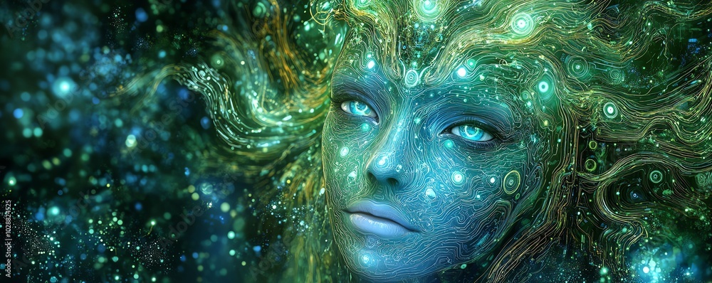 Poster Ethereal AI face emerging from swirling blue light tendrils, surrounded by intricate green circuit patterns, depth of field blur, creating a surreal digital portrait
