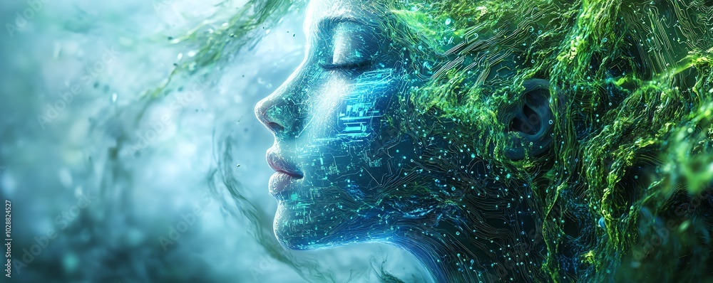 Poster ethereal ai face emerging from swirling blue light tendrils, surrounded by intricate green circuit p