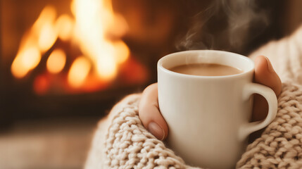 A cozy scene featuring a warm cup of coffee held in hands, wrapped in a soft blanket, with a glowing fireplace in the background, perfect for creating a sense of comfort.