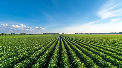 Vast green farmland under a clear blue sky, showcasing neatly aligned rows of crops stretching into the horizon. Ideal for agriculture themes.