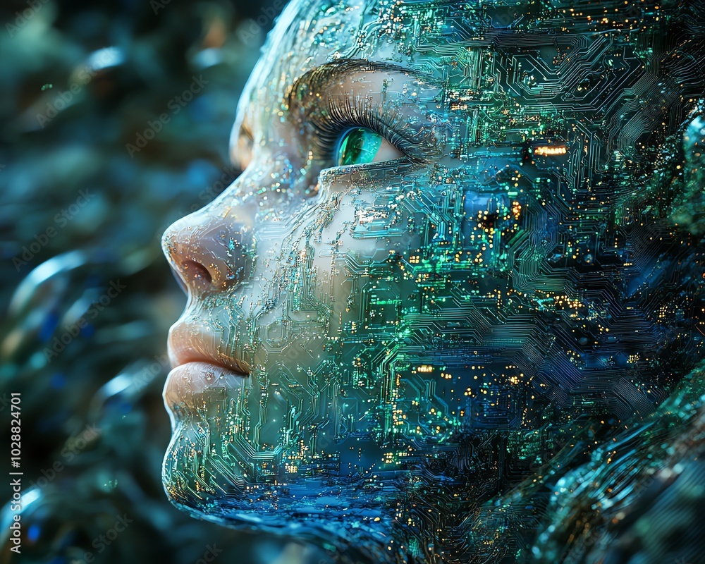 Aufkleber ethereal face of an ai emerging from flowing blue light tendrils, with complex green circuit pattern