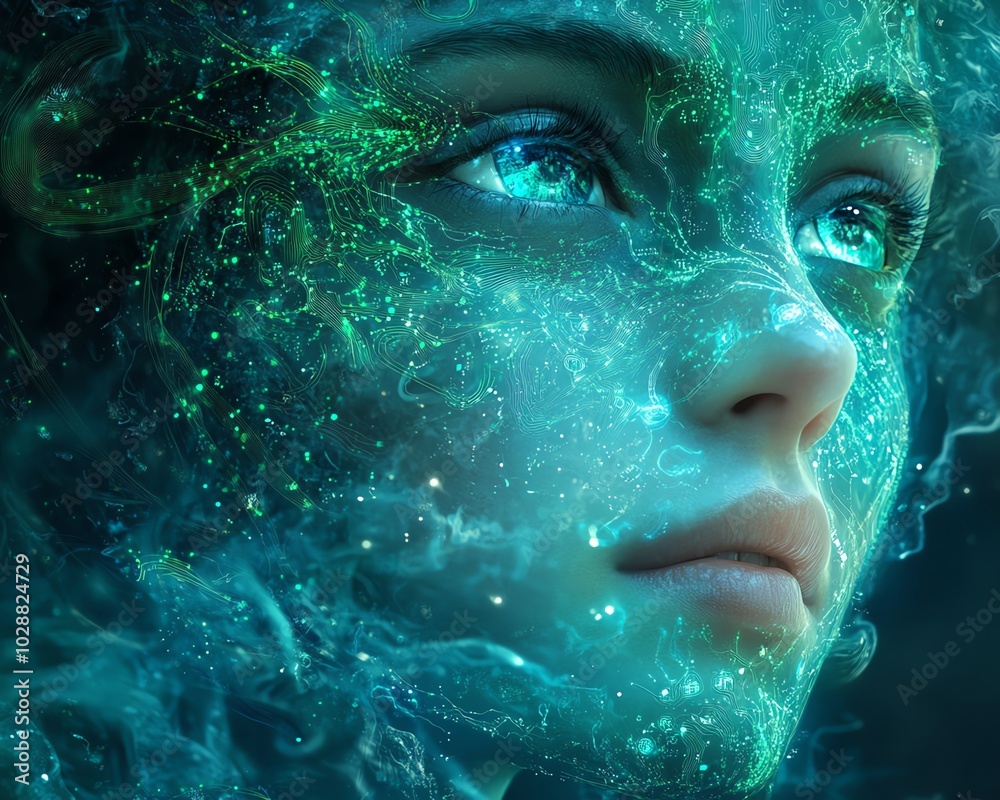 Aufkleber ethereal face of an ai emerging from flowing blue light tendrils, with complex green circuit pattern