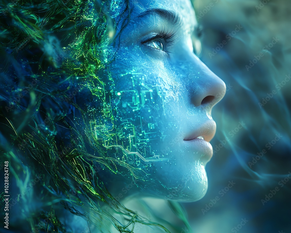 Aufkleber Ethereal face of an AI emerging from flowing blue light tendrils, with complex green circuit patterns, depth of field blur for a surreal portrait effect